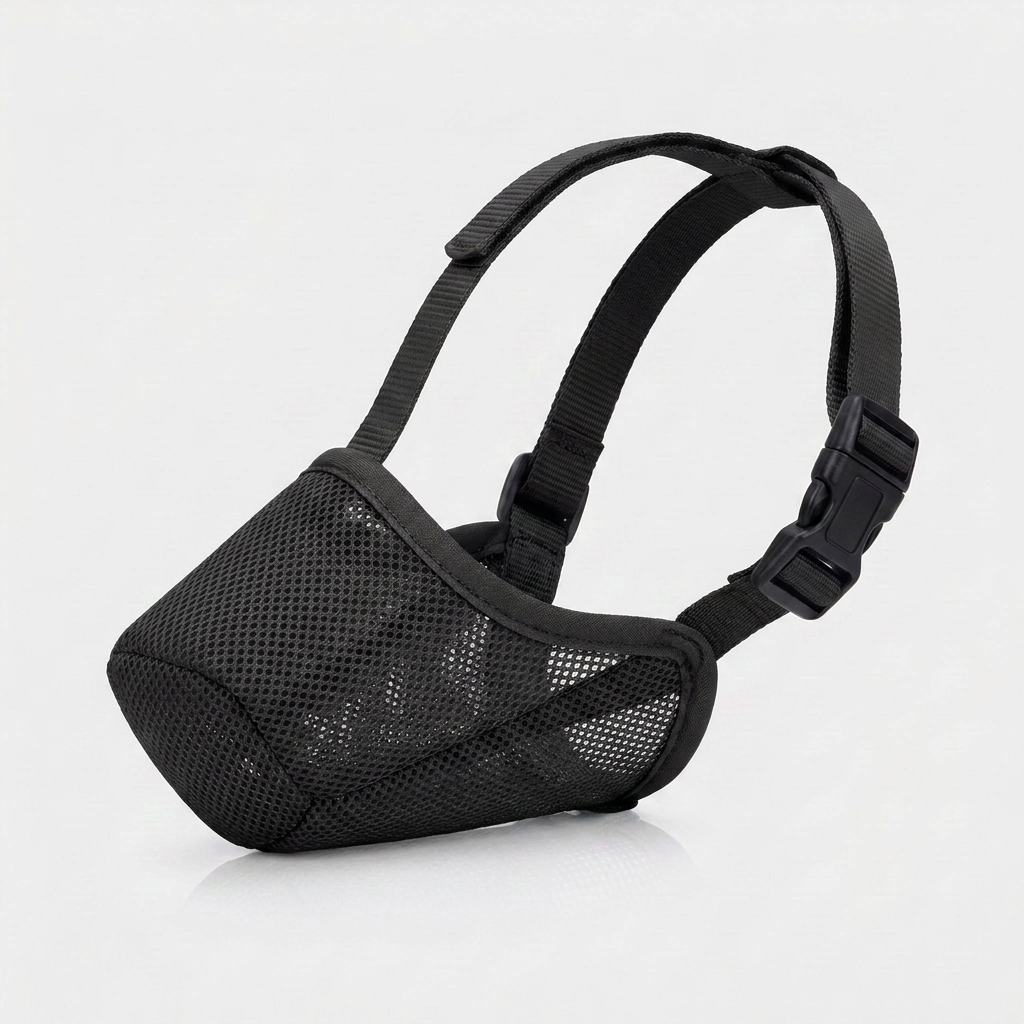 Black soft mesh dog muzzle, side view