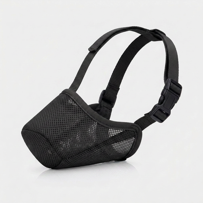Black soft mesh dog muzzle, side view