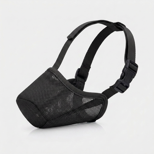 Black soft mesh dog muzzle, side view