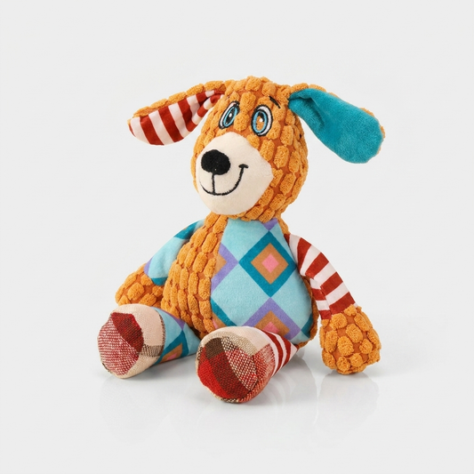 Orange and teal patchwork plush dog toy in a dog-shaped design, shown on a white background.