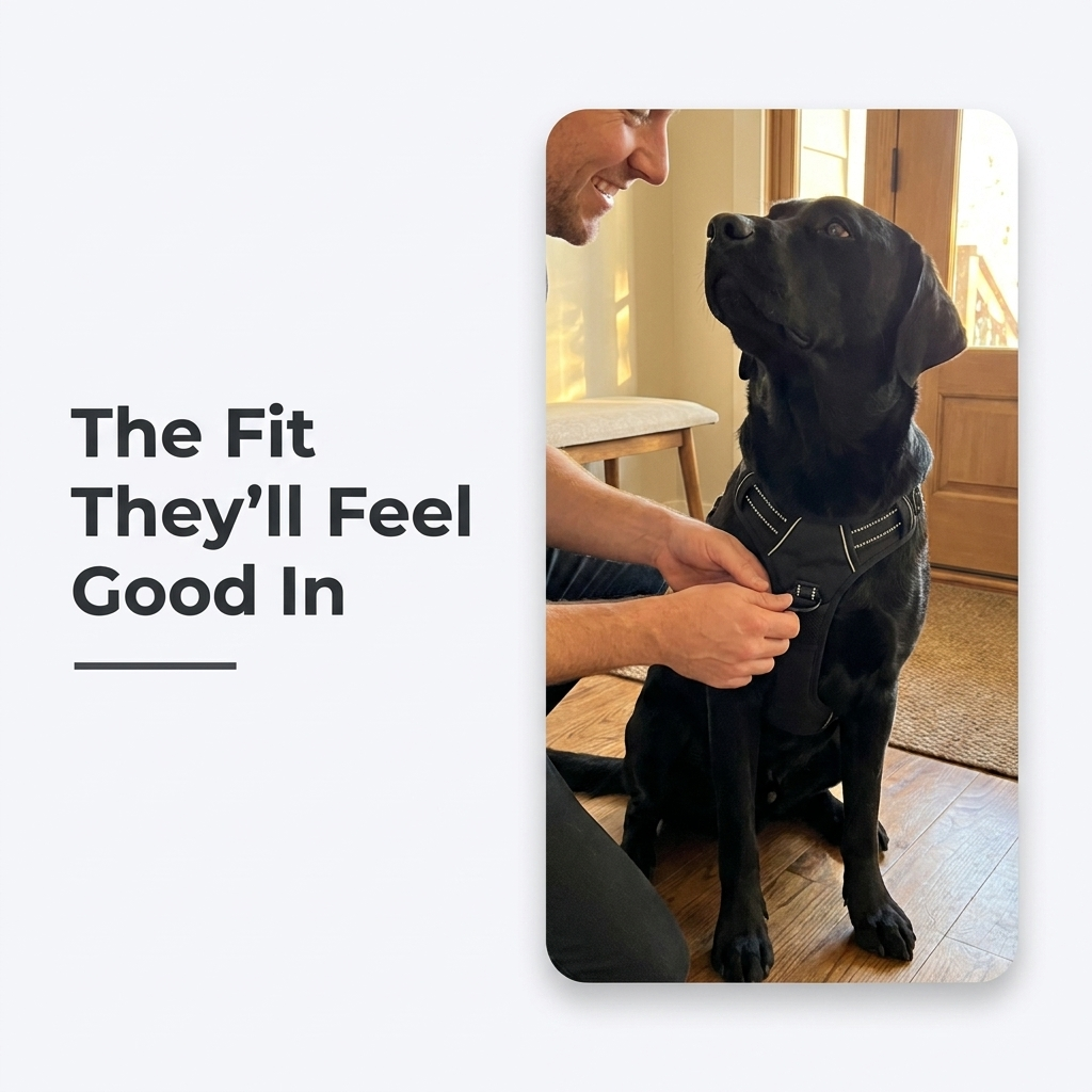 A person fastens a black vest harness onto a dog sitting calmly indoors.