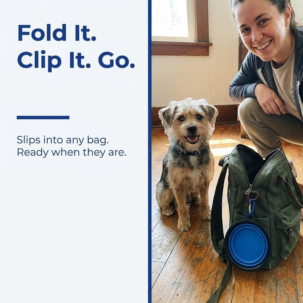 A person clips a blue collapsible travel bowl onto a backpack before heading out for a hike with their dog.