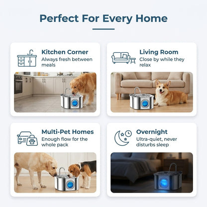 Infographic showing the stainless steel pet water fountain placed around the home in the kitchen corner, living room, multi-pet household, and a quiet bedroom for overnight use.