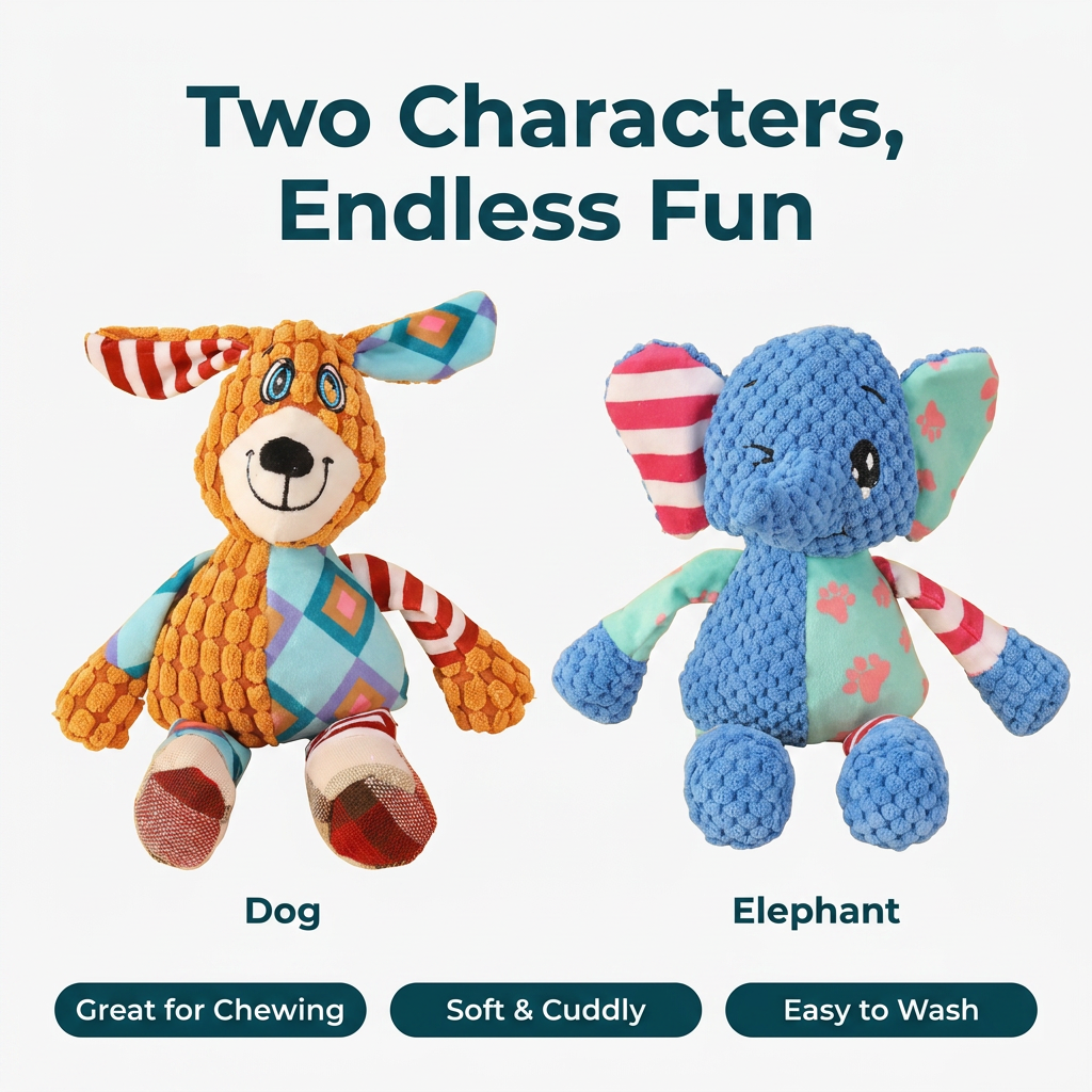 Two plush dog toy characters side by side, an orange dog design and a blue elephant design, showing both color options.