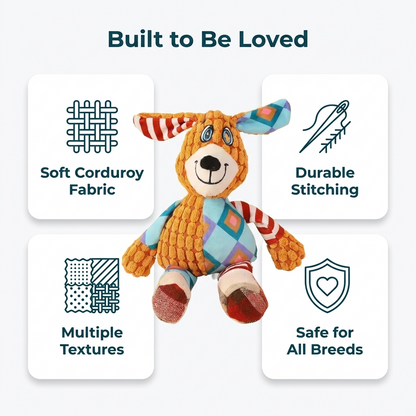 Infographic titled Built to Be Loved highlighting soft corduroy fabric, durable stitching, and safety for all breeds.