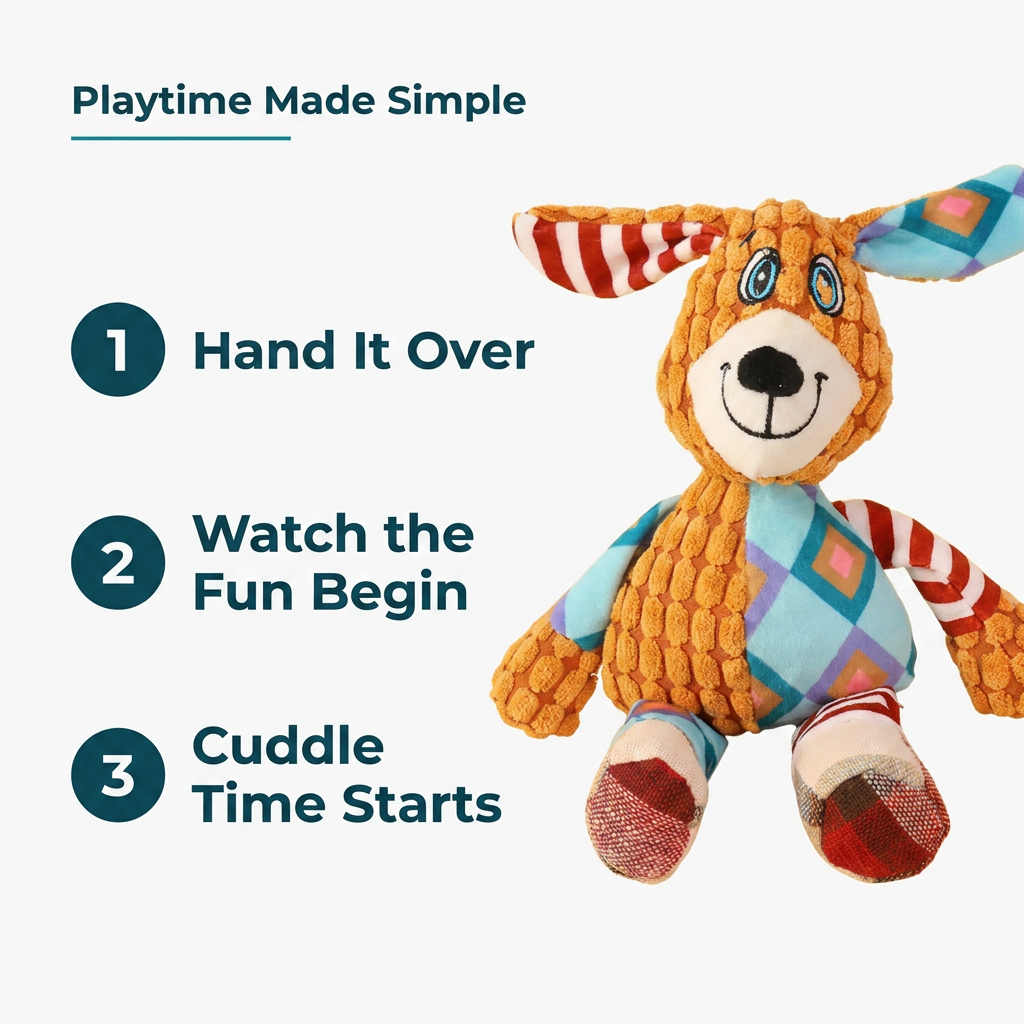 Infographic titled Playtime Made Simple showing three steps: hand it over, watch the fun begin, and cuddle time starts.