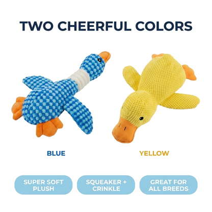 Infographic comparing the plush duck dog toy's two color options, blue and yellow.