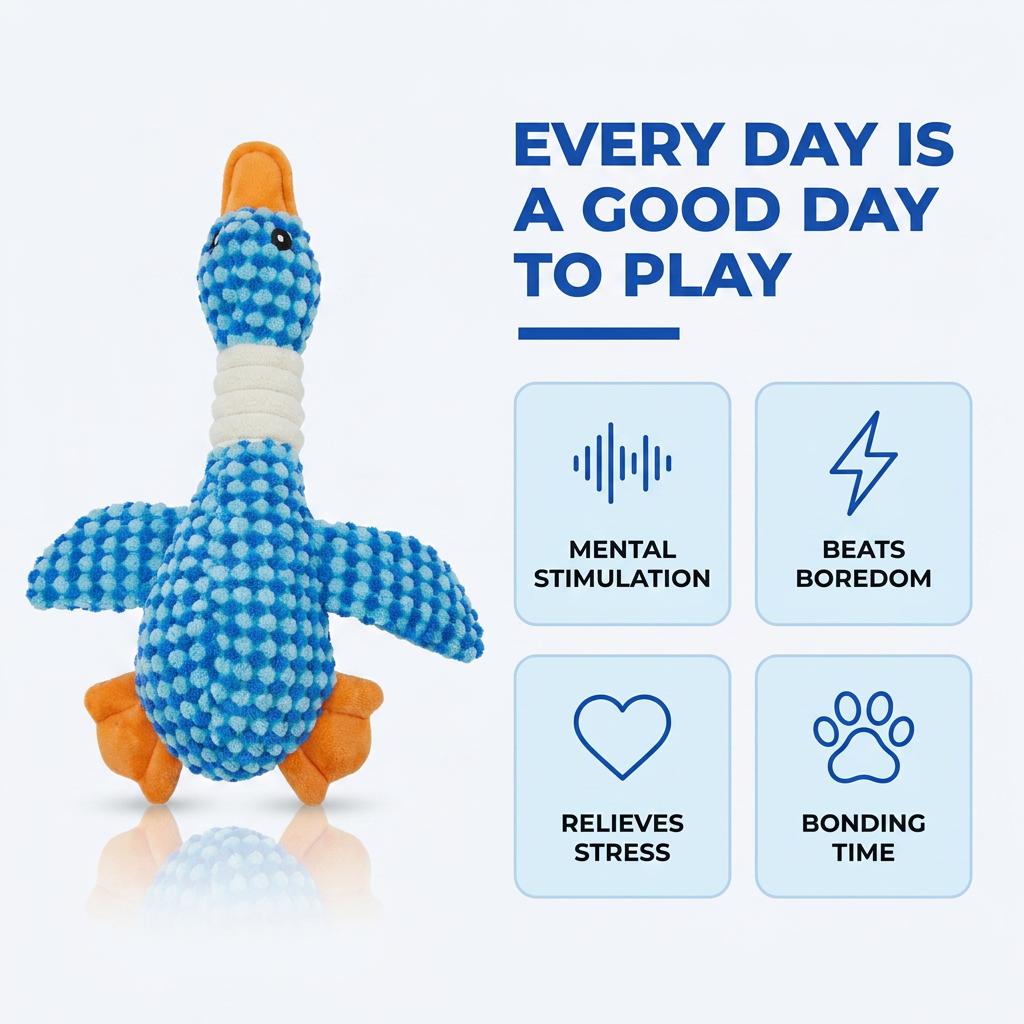 Infographic showing the plush duck dog toy relieving stress and building bonding time through daily play.