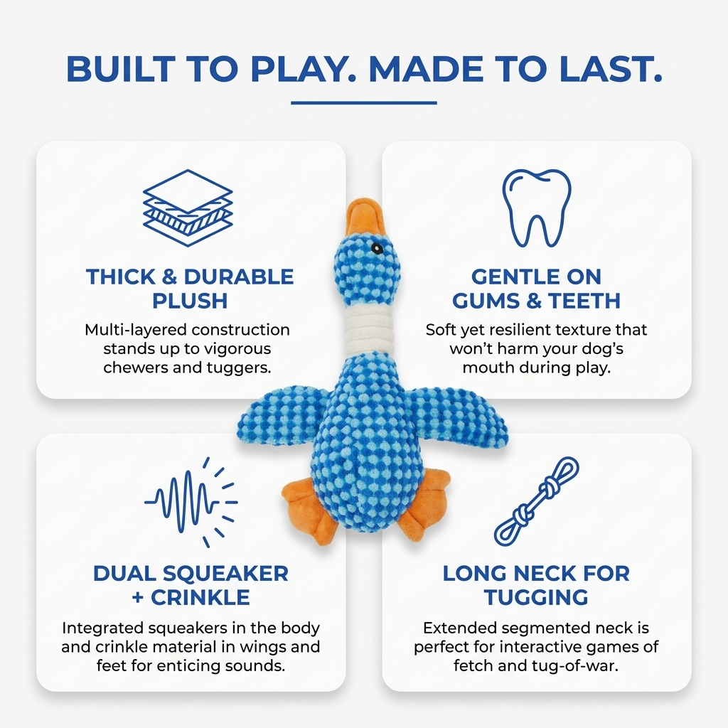 Infographic highlighting the plush duck dog toy's thick durable plush, gentle grip, and long neck for tugging.