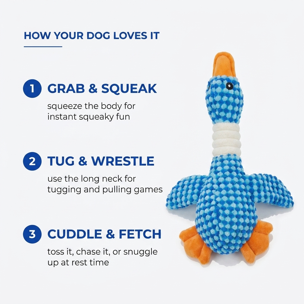 Three-step infographic showing how a dog grabs, squeaks, tugs, wrestles, cuddles, and fetches the plush duck toy.