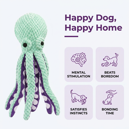 Infographic showing the plush octopus dog toy providing mental stimulation and beating boredom for a happy dog.