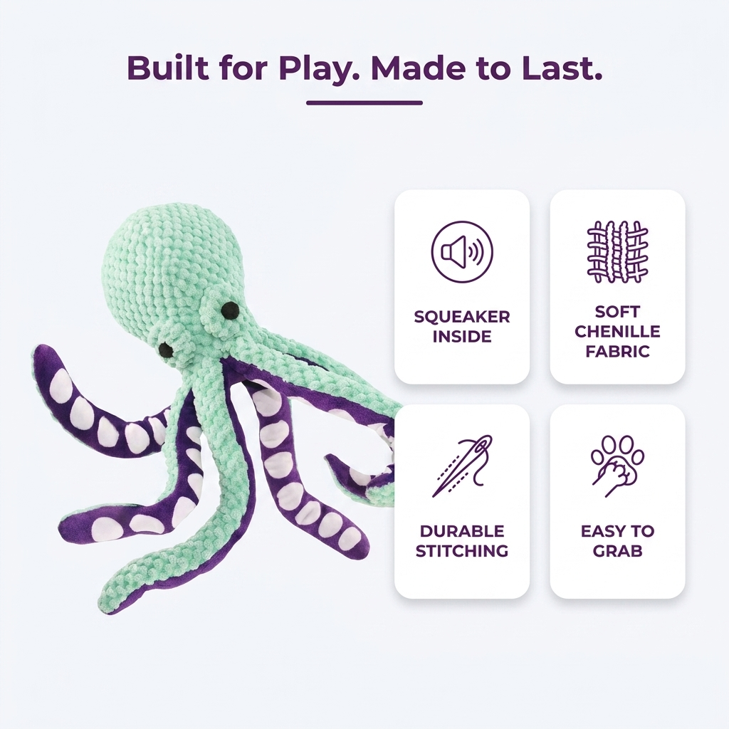 Infographic highlighting the plush octopus dog toy's squeaker, chenille fabric, durable stitching, and easy-clean design.