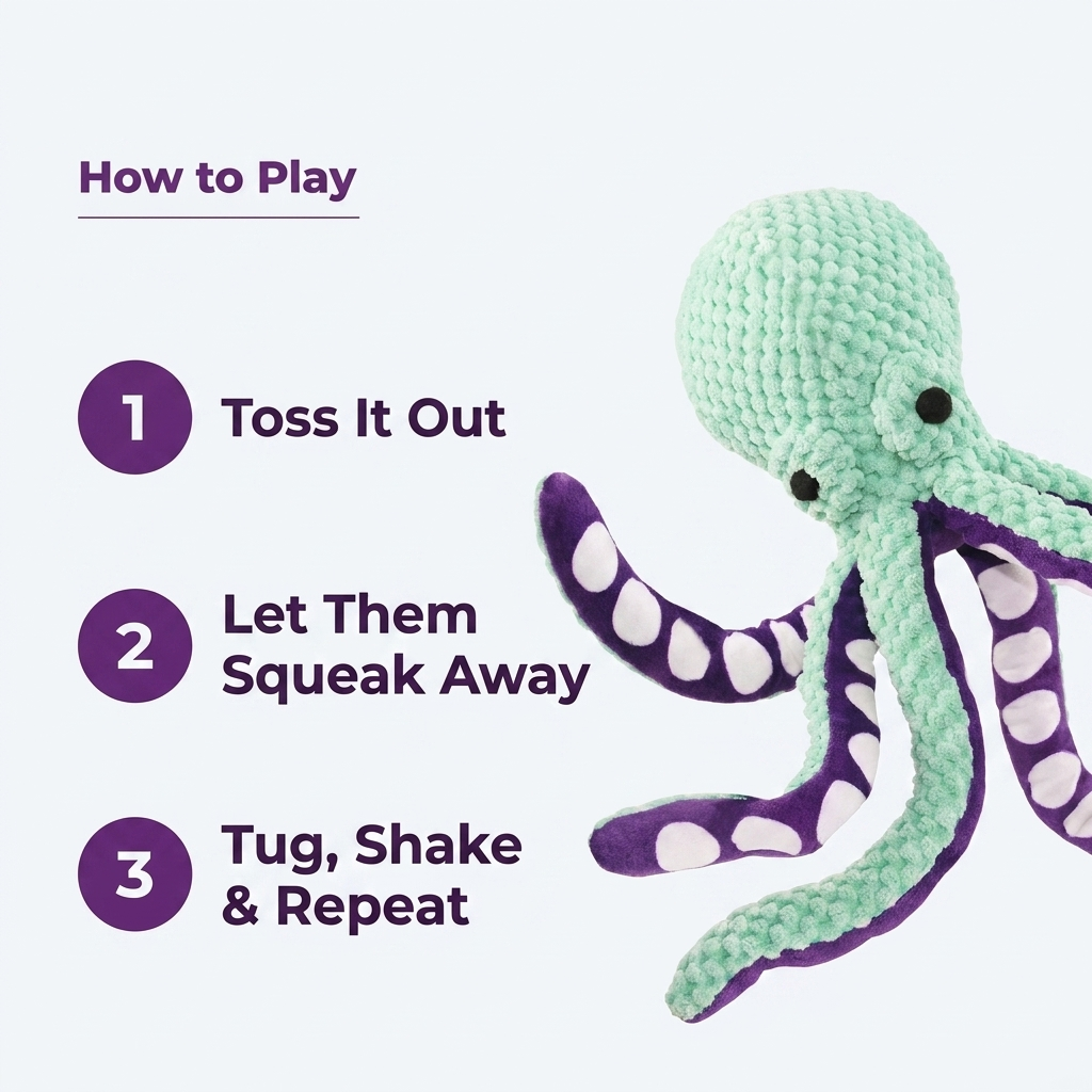 Three-step infographic showing how to toss, squeak, and tug the plush octopus dog toy during play.