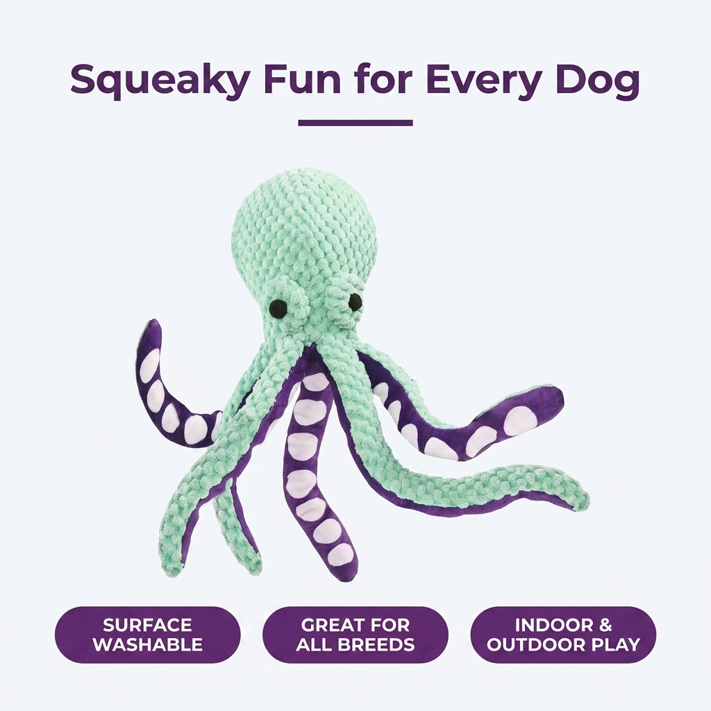 Infographic listing the plush octopus dog toy as surface washable, great for all breeds, and safe indoors or outdoors.
