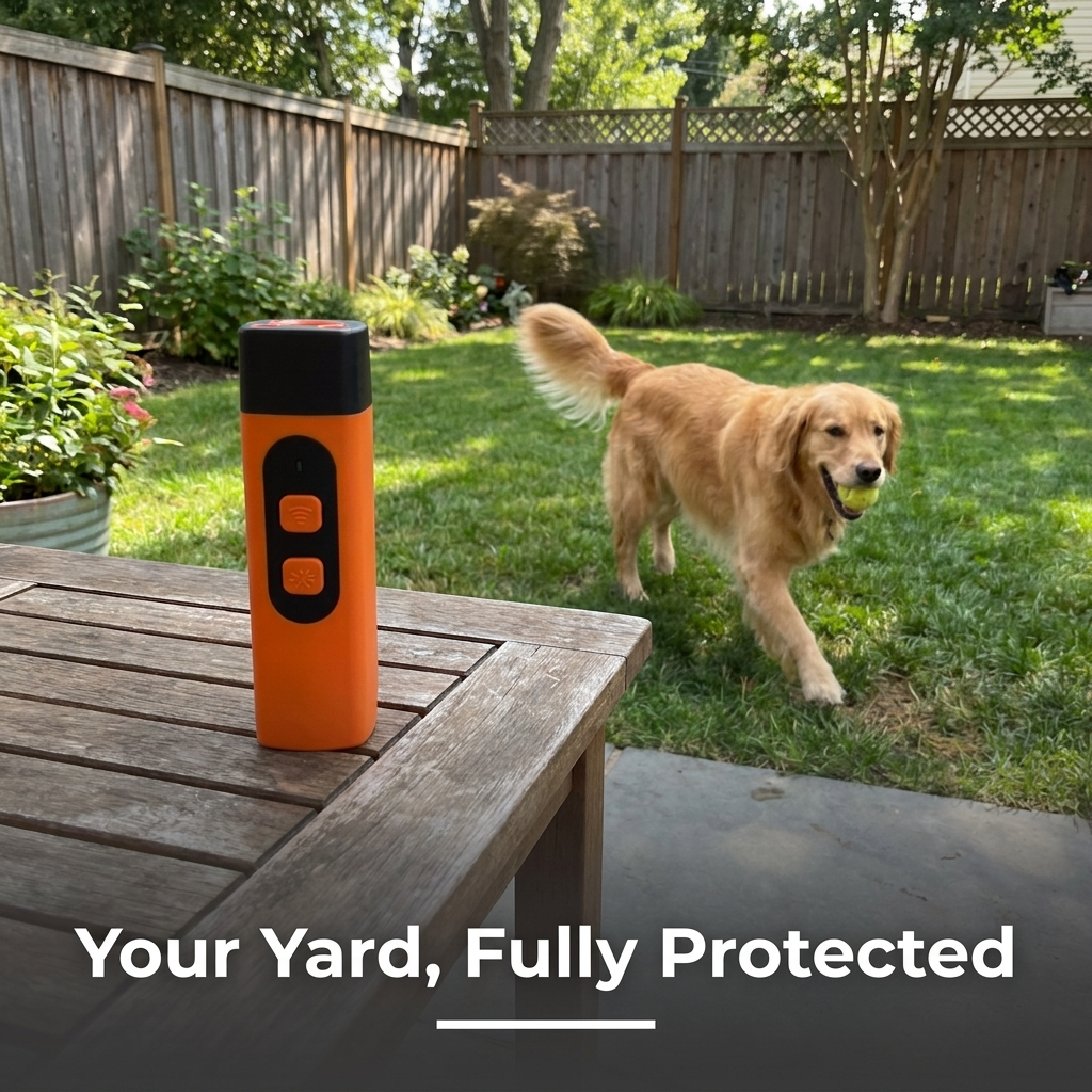 Dog Barking Deterrent on outdoor table with dog