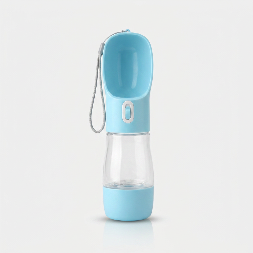 Portable dog water bottle with food dispenser, blue