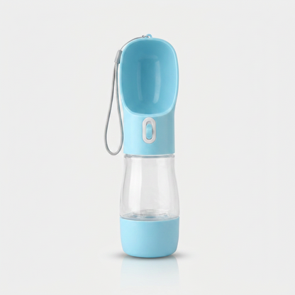 Portable dog water bottle with food dispenser, blue