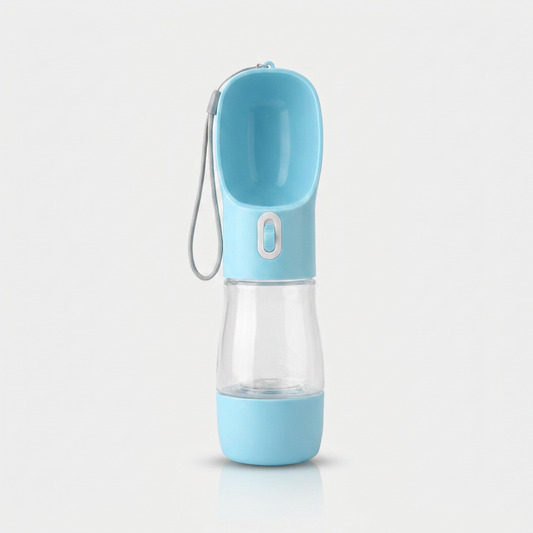 Portable dog water bottle with food dispenser, blue