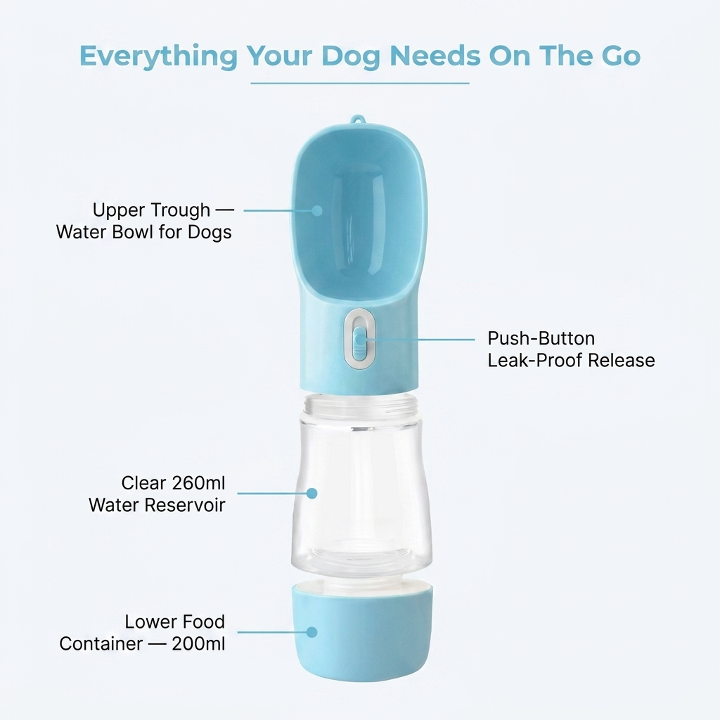 Infographic: water trough on top, food container below, push-button leak-proof release