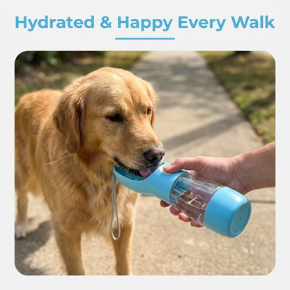 Dog using the portable water bottle outdoors