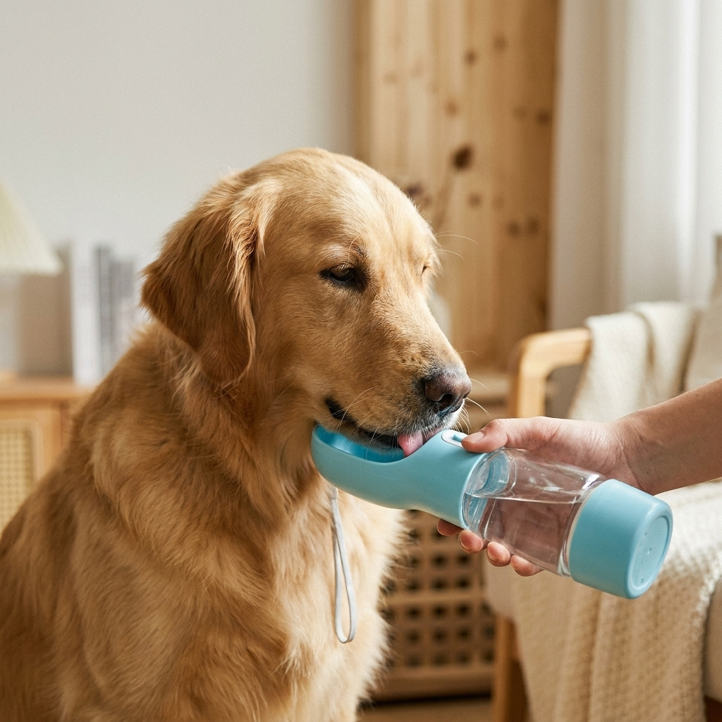 Portable dog water bottle detail shot, blue