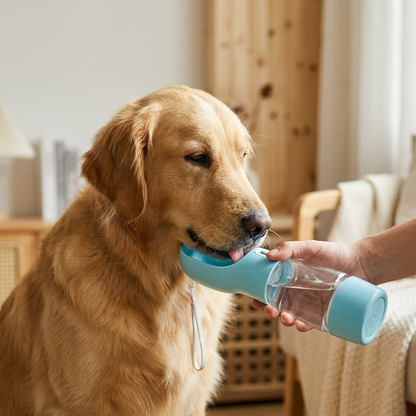Portable dog water bottle detail shot, blue