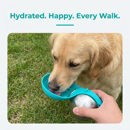 Dog Water Bottle lifestyle photo, blue, dog drinking outdoors