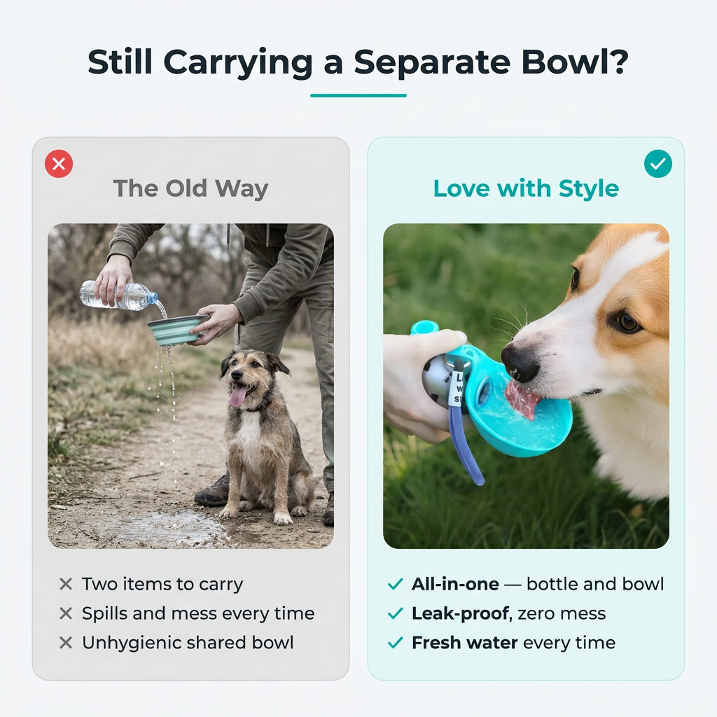 Dog Water Bottle infographic - Still Carrying a Separate Bowl