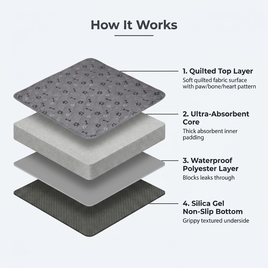 Dog Pee Pad Blanket infographic - How It Works
