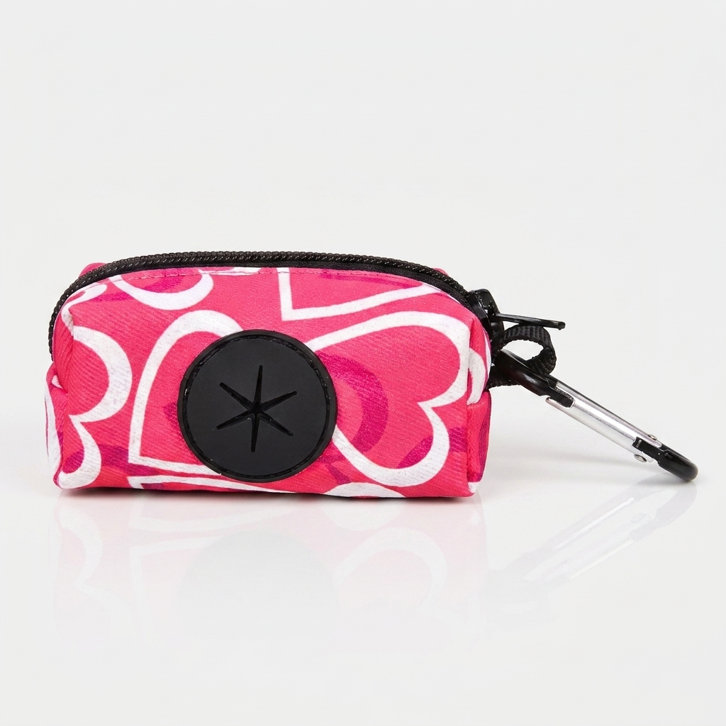 Dog poop bag holder, Rose Red Heart print