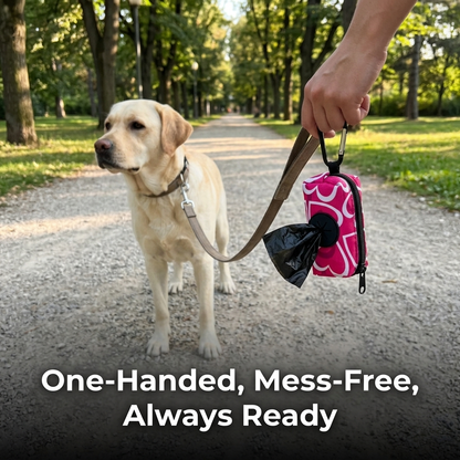 Dog on a walk with the poop bag holder clipped to the leash, one-handed mess-free