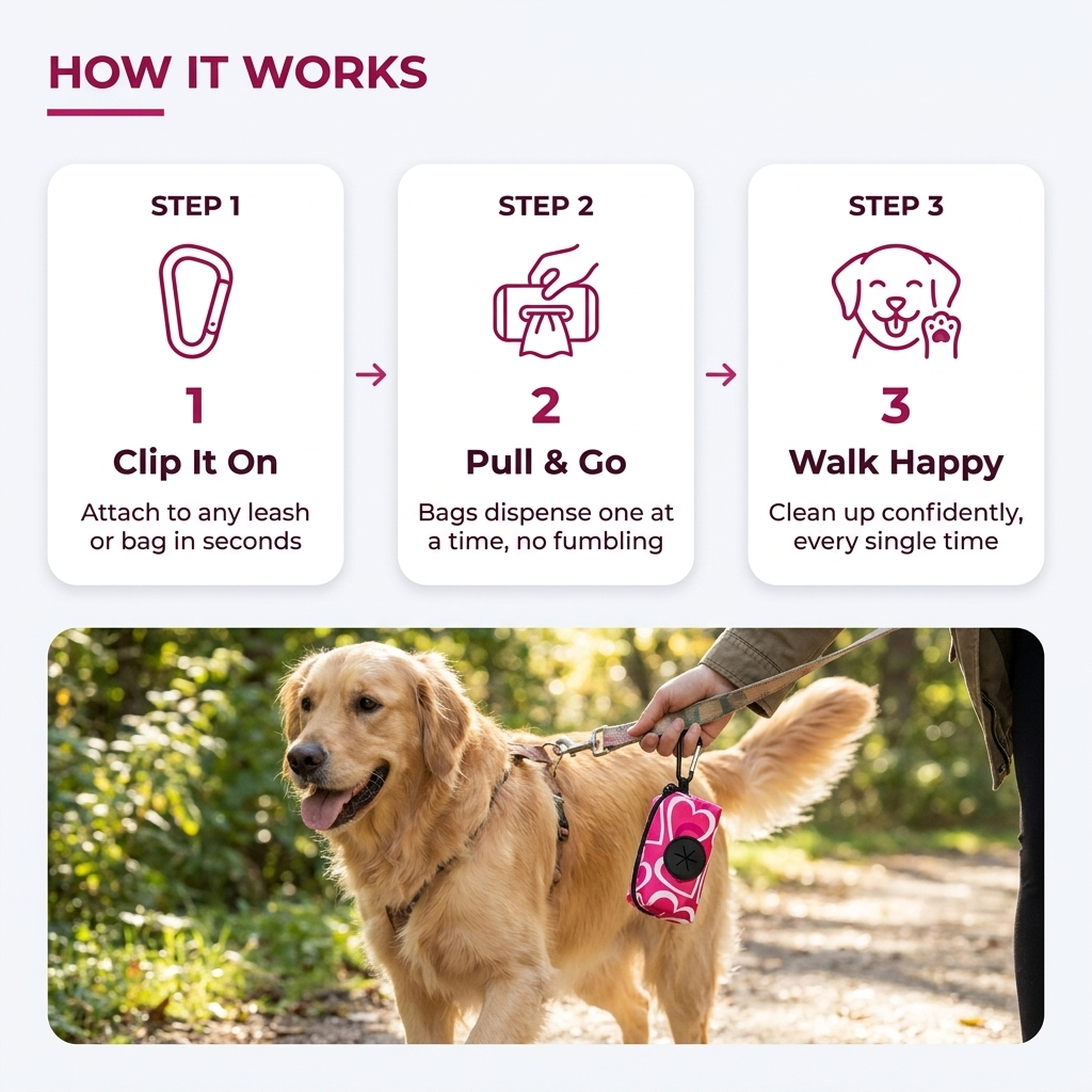 Infographic: how it works, clip it on, pull and go, walk happy