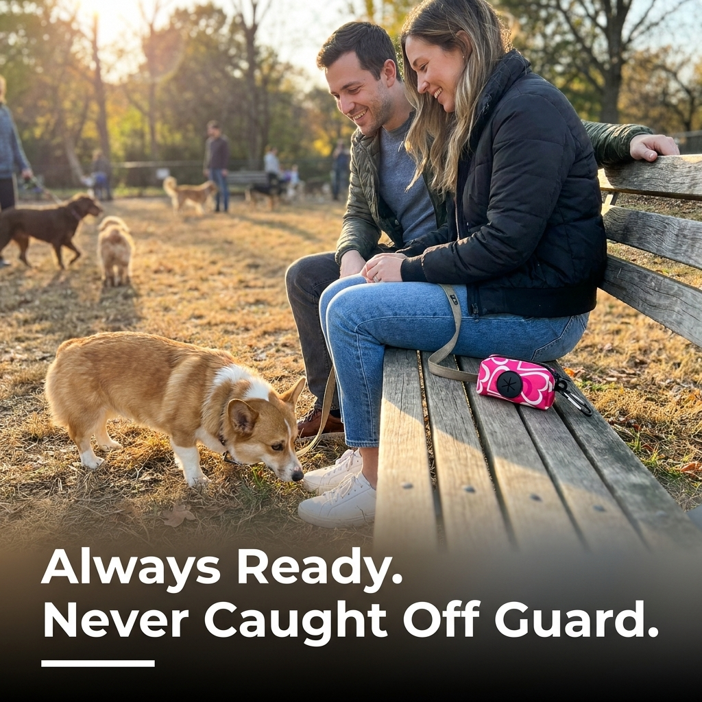 Couple with their dogs outdoors, always ready for cleanup