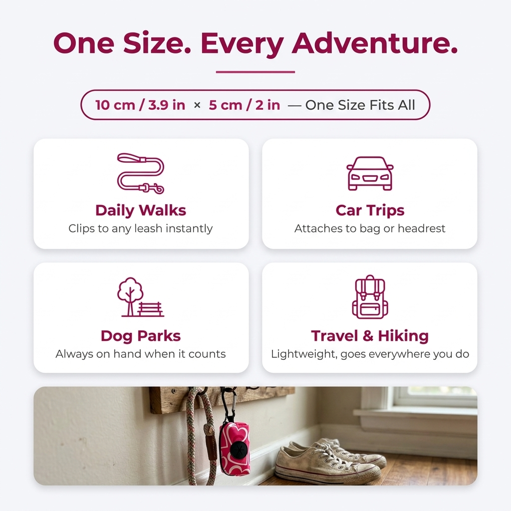 Infographic: one size, every adventure, daily walks, car trips, dog parks, travel