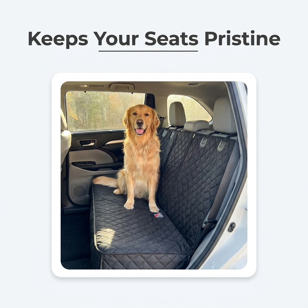 Dog car seat cover installed in back seat with dog
