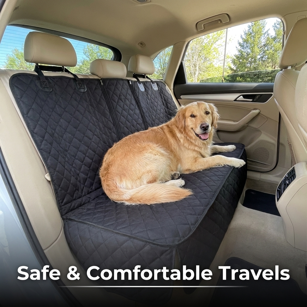 Dog sitting on car seat cover during travel