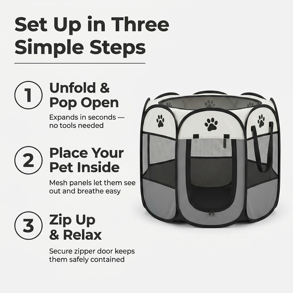 Foldable Portable Pet Playpen Tent - Infographic