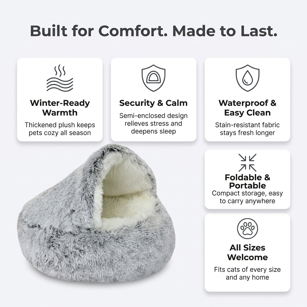 Cozy Plush Pet Cave Bed - Infographic