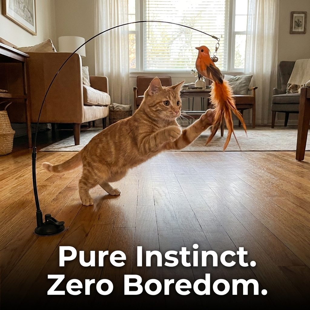 Cat pouncing on interactive bird cat toy