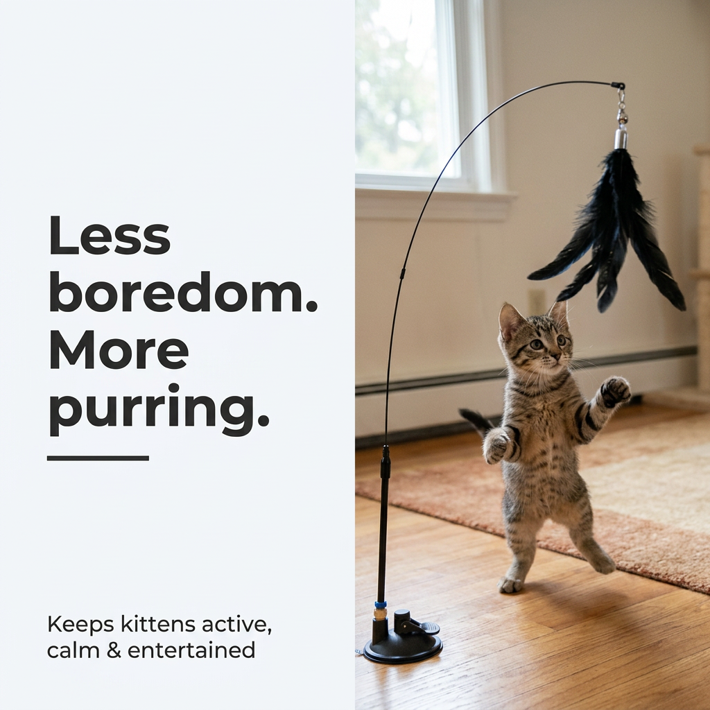 Cat playing with feather wand toy - less boredom more purring
