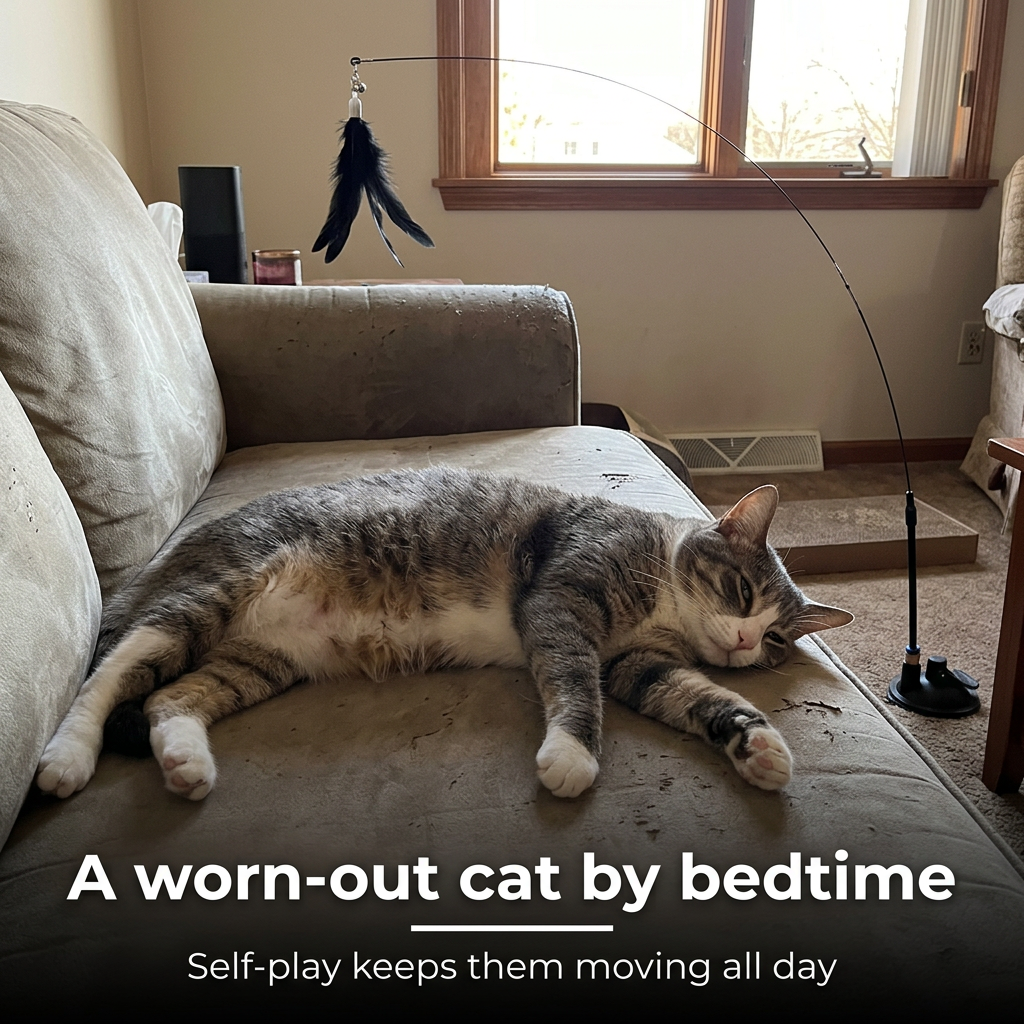 Cat relaxing near suction cup feather wand toy