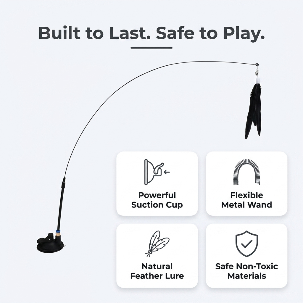 Feather cat wand - built to last safe to play features