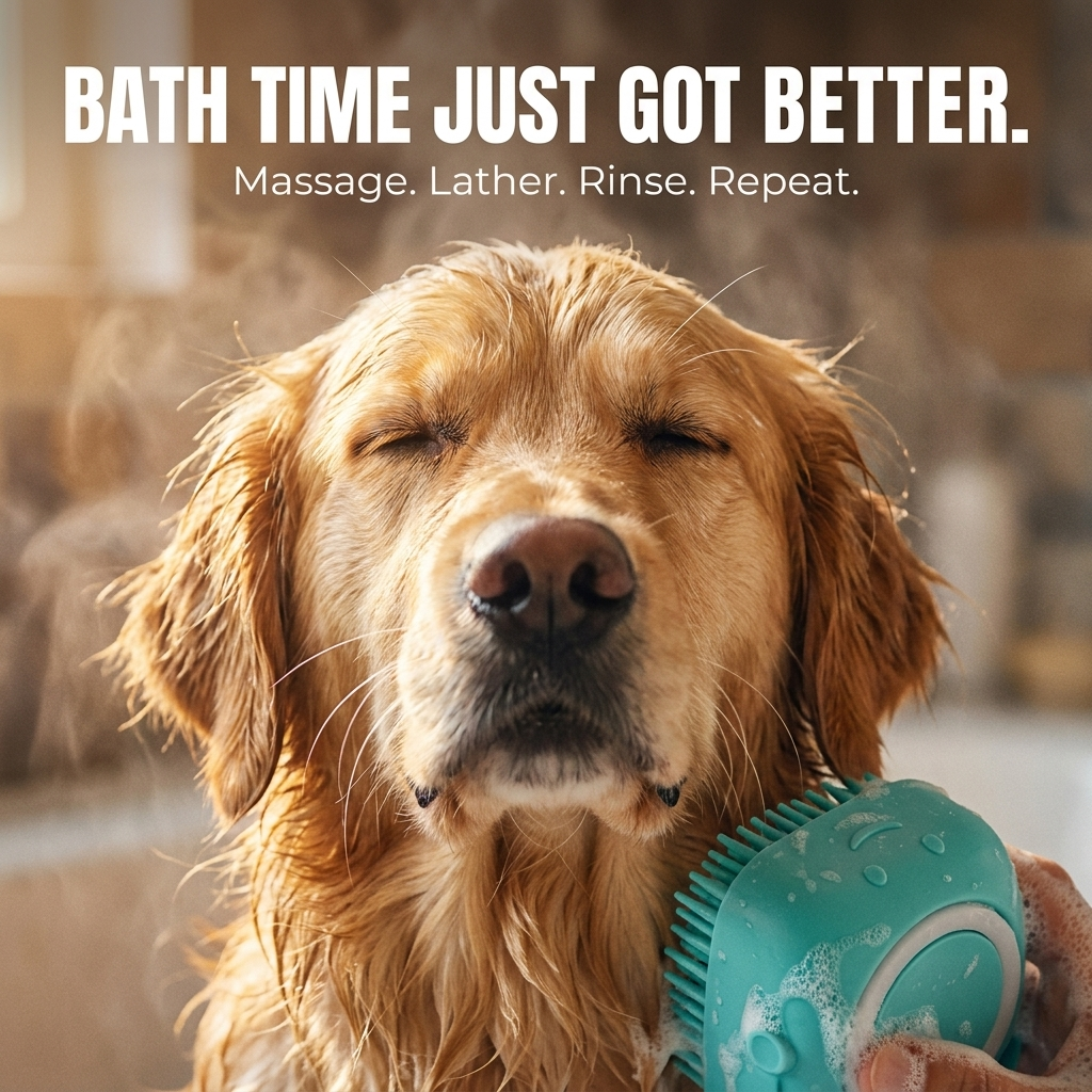 Lifestyle banner reading Bath Time Just Got Better with a wet golden retriever and a sudsy teal grooming brush.
