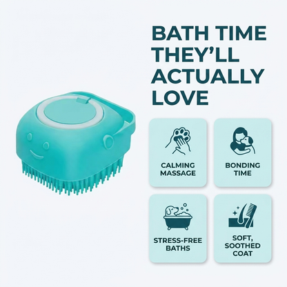 Infographic titled Bath Time They'll Actually Love highlighting calming massage, bonding time, stress-free baths and a soft soothed coat, beside the teal brush.