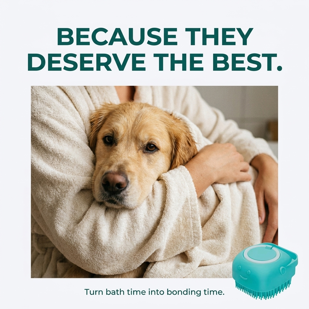 Lifestyle image reading Because They Deserve The Best with a golden retriever wrapped in a towel and held close, alongside the teal grooming brush.