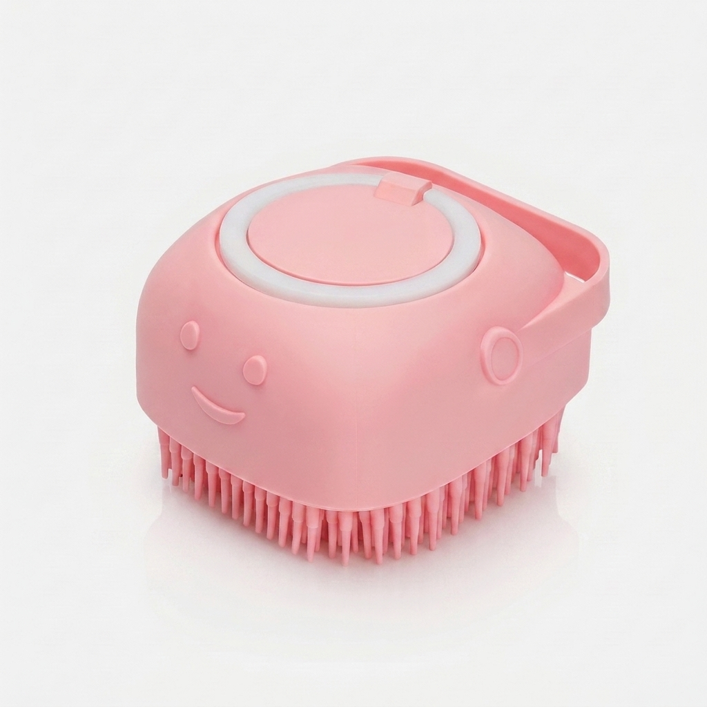 Pink silicone dog bath brush with a built-in shampoo dispenser cap and smiley face, shown on a white background.