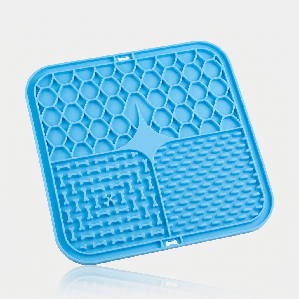 Blue silicone lick mat for dogs with three textured feeding zones, shown at an angle on a white background.