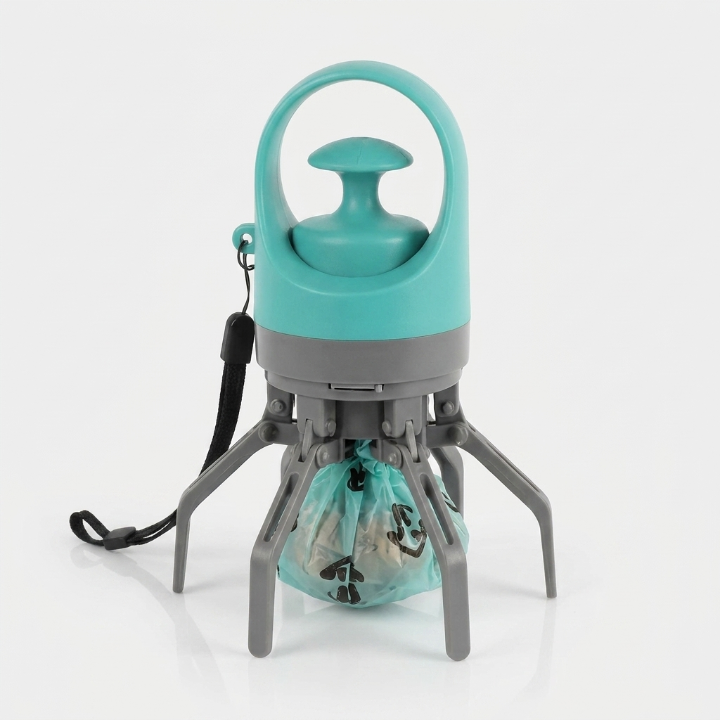 Mint green handheld dog poop scooper with grey six-claw grabber open and a green waste bag loaded, black wrist strap, on a plain white background.