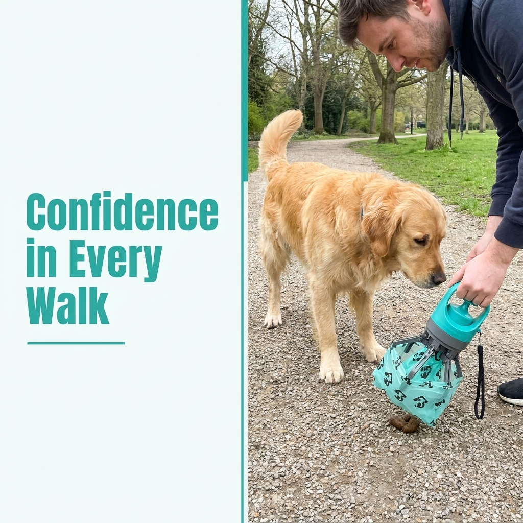 Lifestyle image with the text Confidence in Every Walk showing a man bending down to use the mint green six-claw poop scooper beside a golden retriever on a gravel park path.