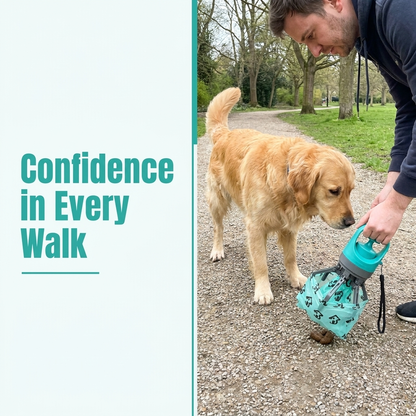 Lifestyle image with the text Confidence in Every Walk showing a man bending down to use the mint green six-claw poop scooper beside a golden retriever on a gravel park path.
